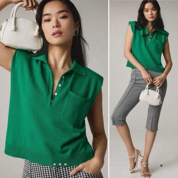 Anthropologie Tops - NWT Anthropologie Green Sleeveless Knit Polo Sweater Top Preppy Sporty Size S